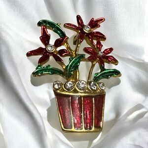 Signed SFJ Vintage Poinsettia Flower Pot Brooch  Enamel Rhinestones 1.25"